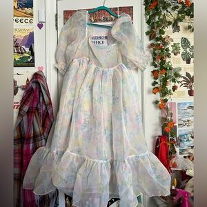 Selkie Pastel Plus Size Dress Tea Length Puff Sleeve Pink Blue Green 80’s Floral